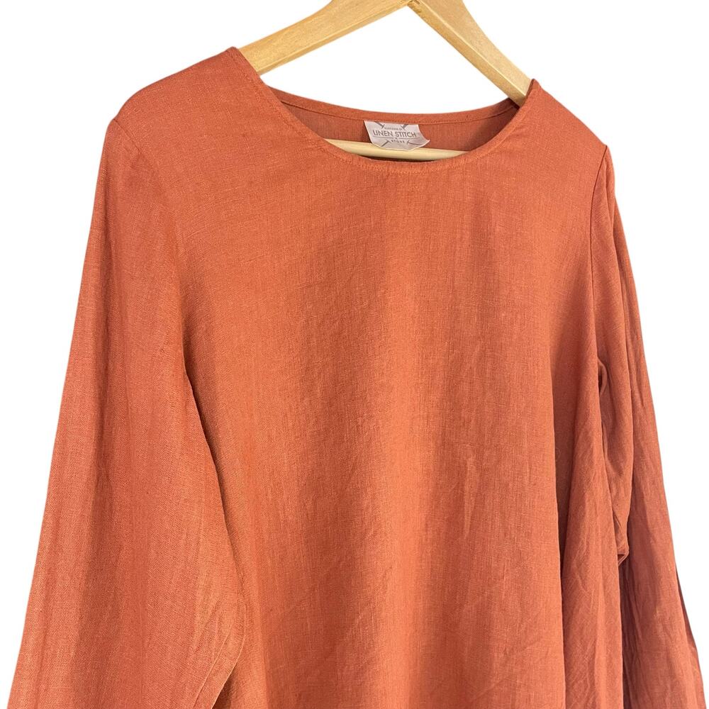 LINEN STITCH STORE Lithuanian Linen Sharkbite Long-Sleeve Tunic Burnt Orange XL - Picture 4 of 7